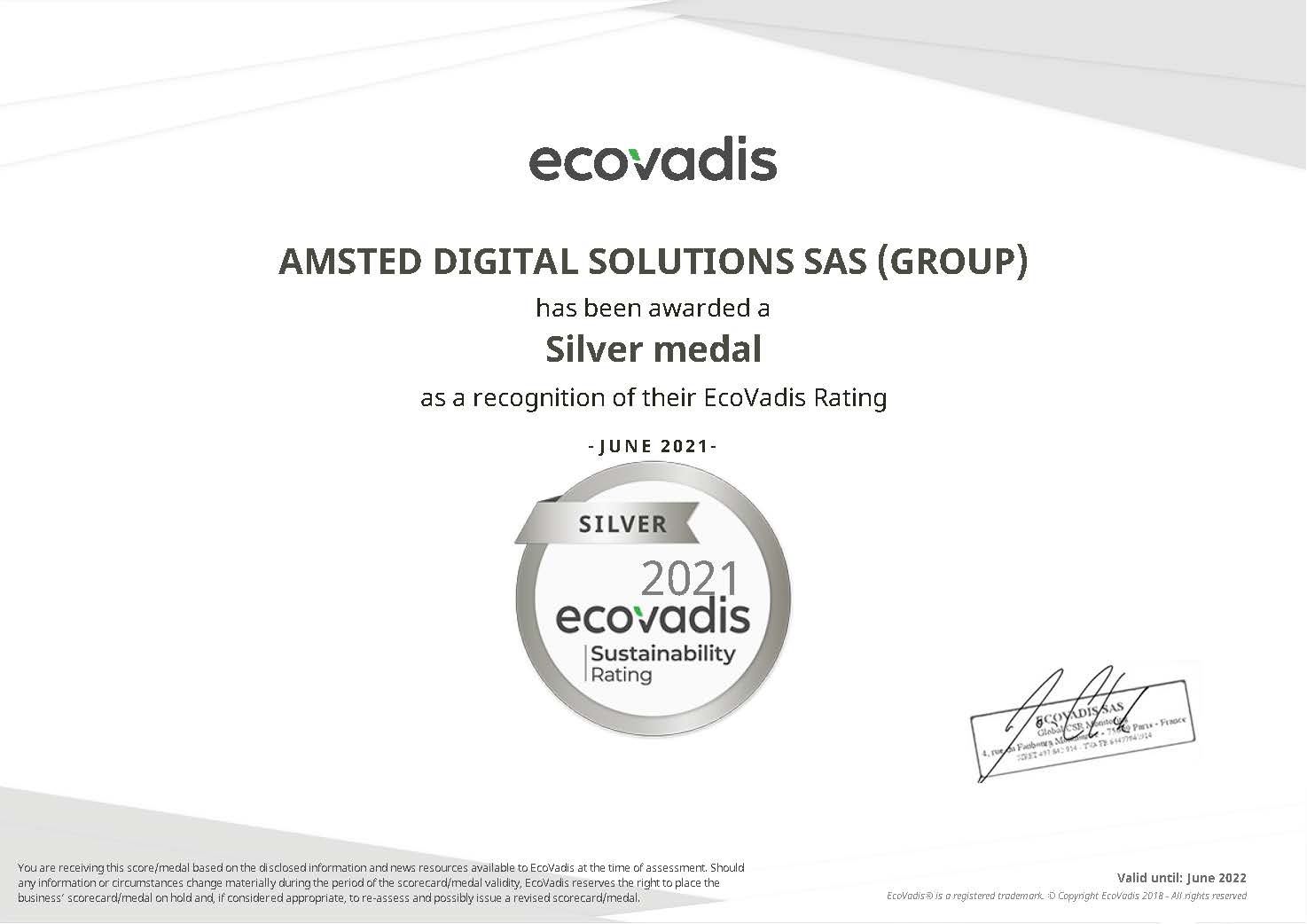 EcoVadis Silver Rating Certificate